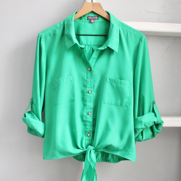 Vince Camuto Bright Green Front Tie Knot Rolled Tab Button Down Shirt Size XL - Picture 1 of 3